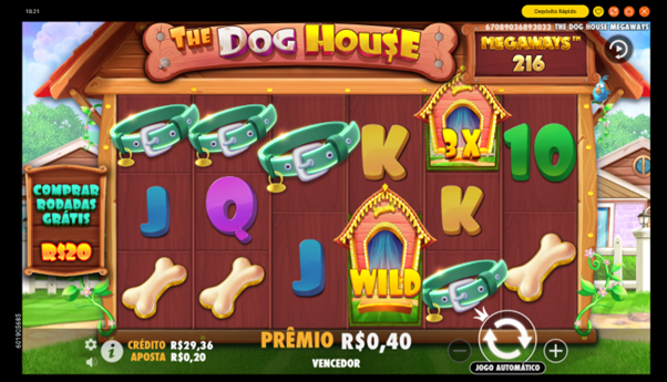 Wild com multiplicador 3x no jogo base do The Dog House Megaways. 